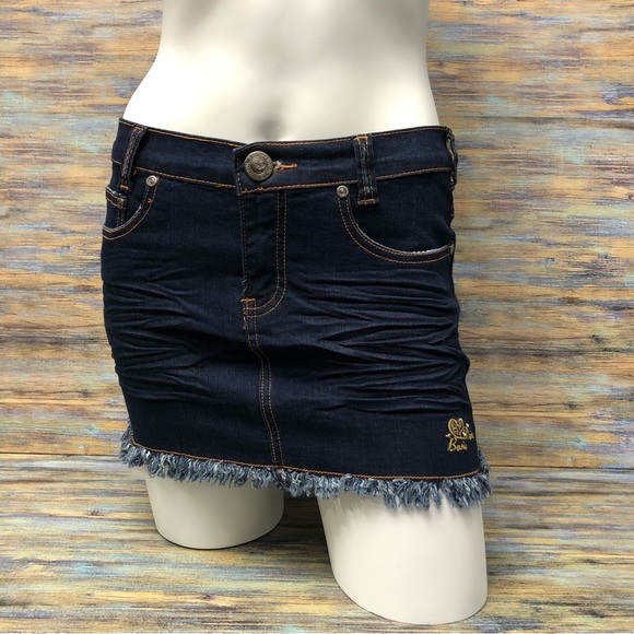 Denim Mini Skirt Embroidered Fringe Raw Hem - Picture 3 of 13